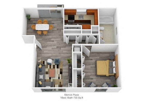 Floor plan for 1 bed, 1 bath, 730 sqft